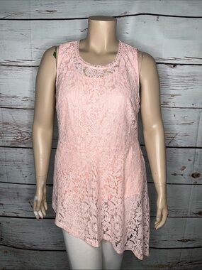 Isaac Mizrahi Live! Size 1X Pink - Floral Lace Overlay Tunic Tank Top Blouse